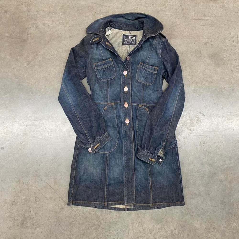 Vintage Japanese Dark Wash Denim Coat Women's‎ M Fitted Long Jacket